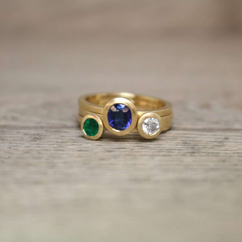 Remodelled 18ct Yellow Gold Sapphire Diamond and Emerald Rings Victoria Jarman Jewellery