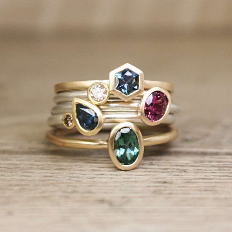 Fairmined gold sapphire champagne diamond tourmaline stacked rings Fairmined gold sapphire champagne diamond tourmaline stacked rings Victoria Jarman Jewellery