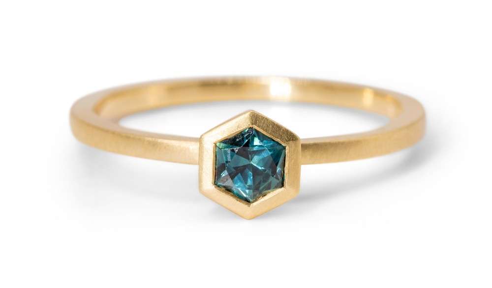 Hexagonal teal blue sapphire Fairmined yellow gold ring Hexagonal teal blue sapphire Fairmined yellow gold ring Victoria Jarman Jewellery