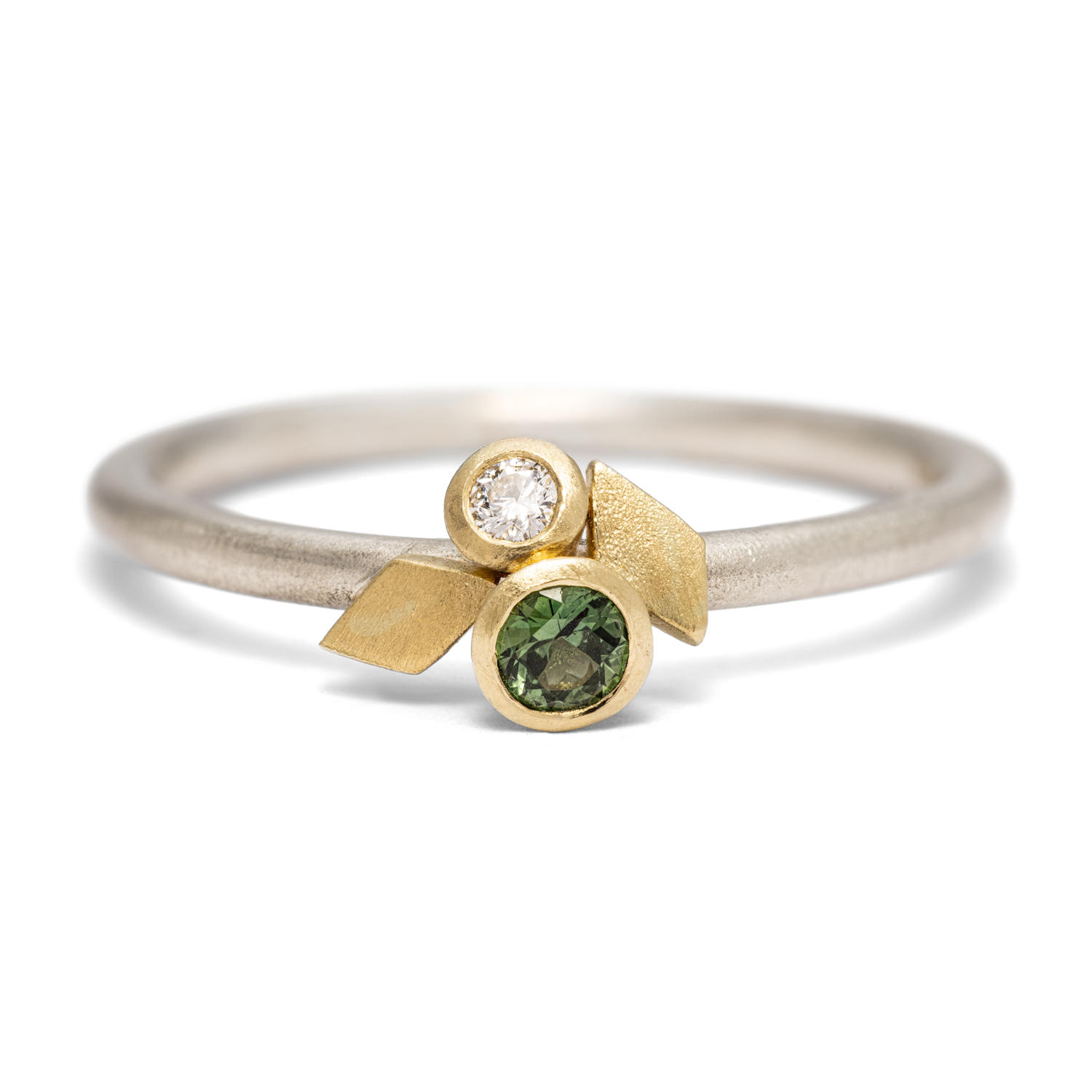 Green sapphire and diamond ring in Fairmined Silver and Fairmined Gold Horizon Collection Green sapphire and diamond ring in Fairmined Silver and Fairmined Gold Horizon Collection Victoria Jarman Jewellery